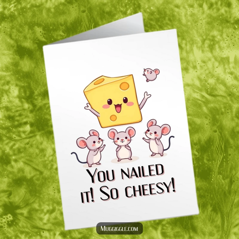 Funny Free Printable Congratulations Card featuring a surprised cheese slice juggling mice, perfect for celebrating achievements with a quirky twist.