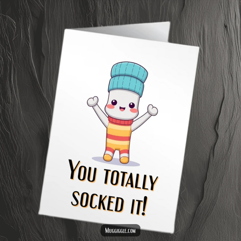 Funny Free Printable Congratulations Card: An anthropomorphic sock wears its matching sock as a triumphant hat to celebrate a big win.