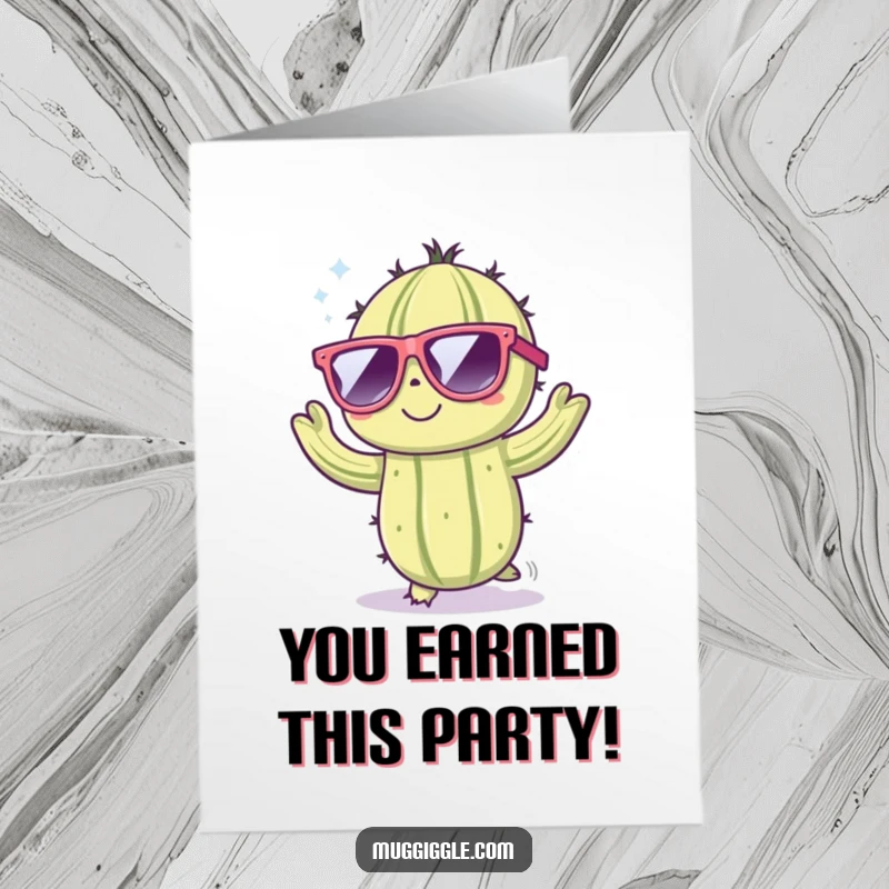 Funny Free Printable Congratulations Card: Cute cactus character in oversized sunglasses dancing energetically, celebrating a fantastic achievement with flair.