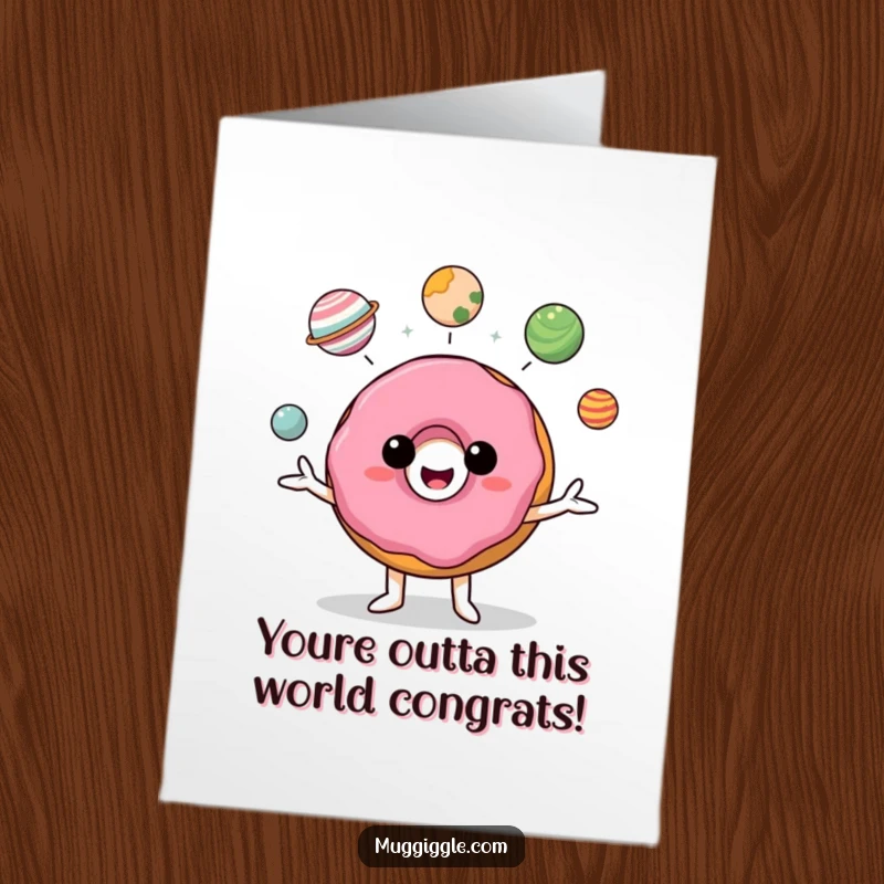 Funny Free Printable donut character juggling planets, ideal for a unique and humorous congratulations card.