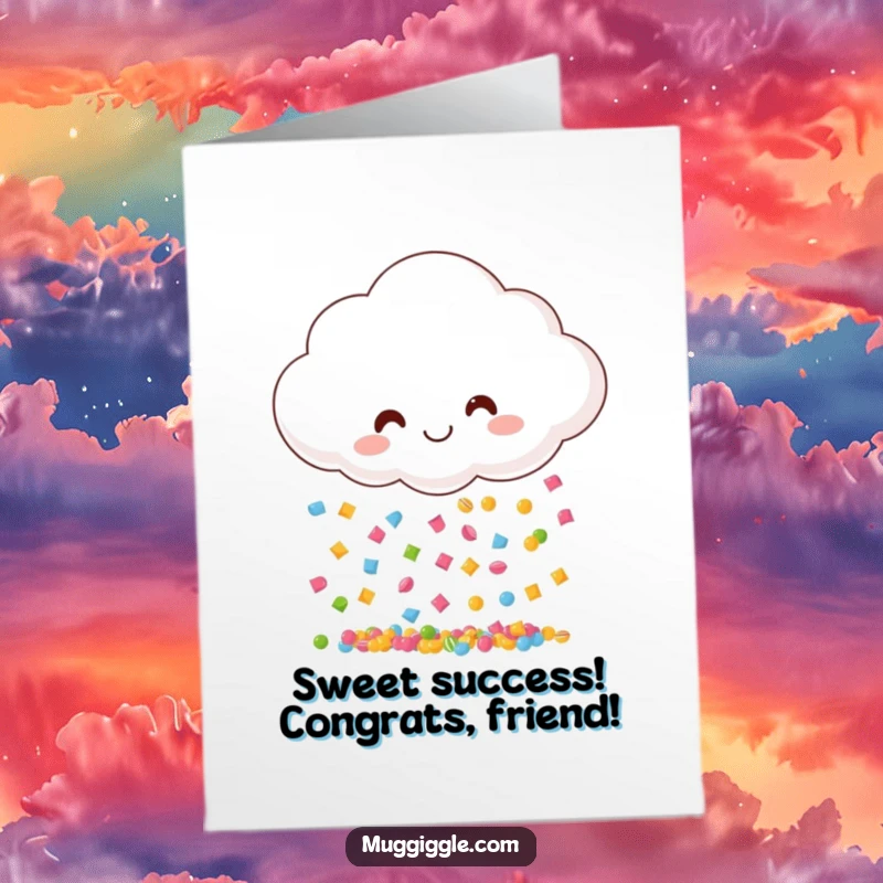 Funny Free Printable congratulations card showing a smiling cloud showering multicolored candy, celebrating sweet success.