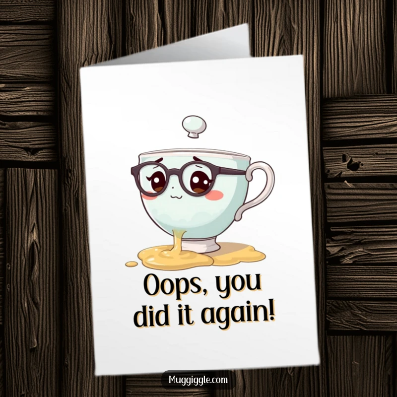 Funny Free Printable Congratulations Card featuring a bewildered teacup character spilling tea, perfect for congratulating someone with a laugh.