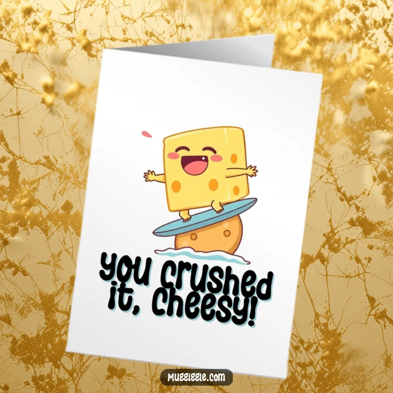 Funny Free Printable Congratulations Card showing a laughing cheese character bravely surfing on a cracker, celebrating their big win.