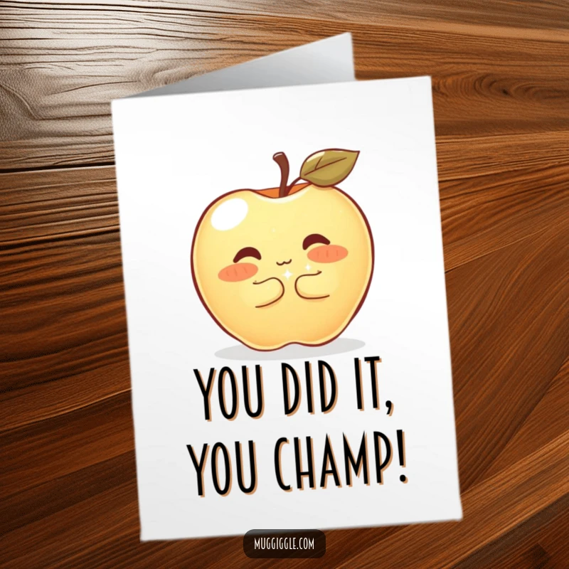 Funny Free Printable Congrats Card: Apple hugging a large sparkly button, celebrating a perfect match or achievement.