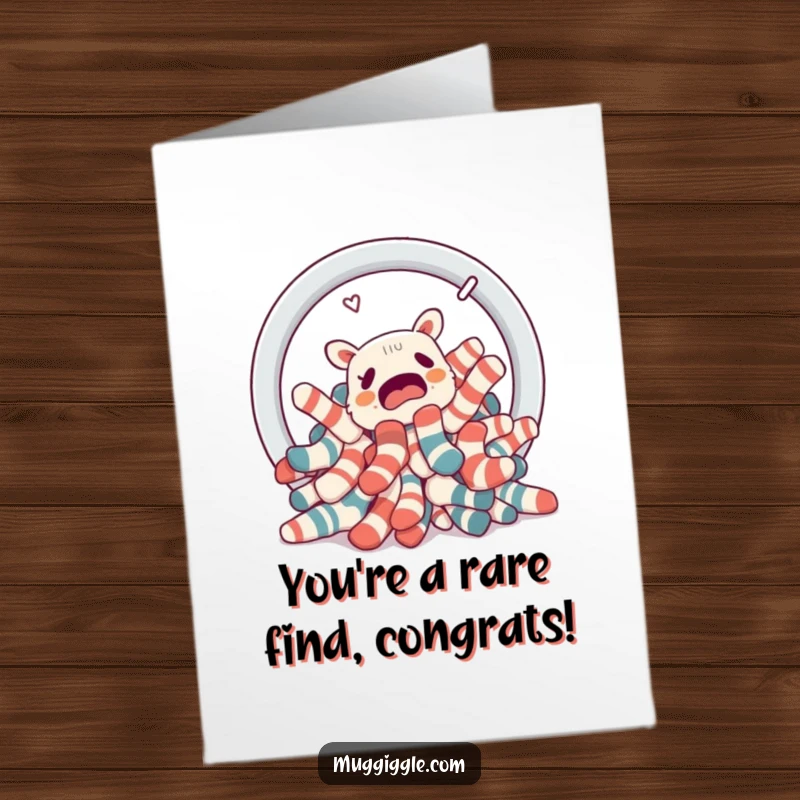 Funny Free Printable Congrats Card: Confused socks attempting to escape a laundry basket portal, celebrating achievement.