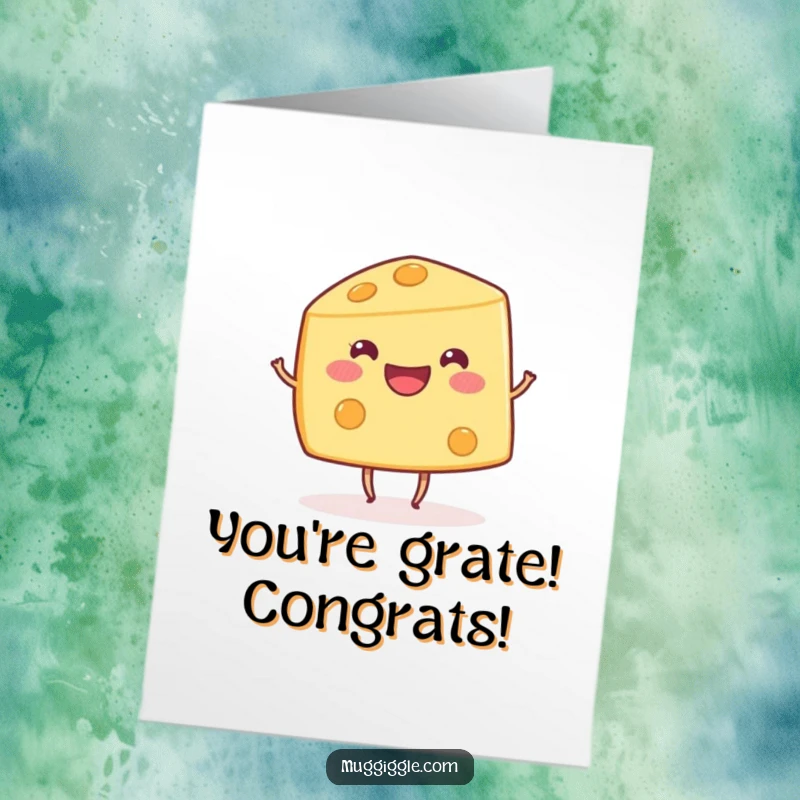 Funny Free Printable Congratulations Card: A happy cheese wedge with tiny dancing legs, celebrating success with cheesy delight.