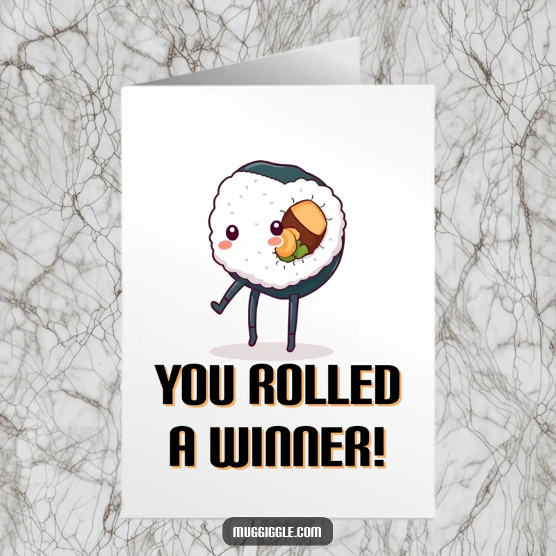 Funny Free Printable Congratulations Card: A sushi roll attempts a cartwheel, ready to celebrate your big win with a wobbly, joyful spirit.