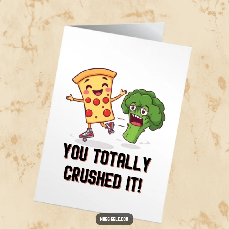 Funny Free Printable Congrats Card: Roller skating pizza slice celebrates victory by zooming past bewildered broccoli.