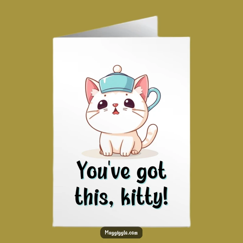 Free Printable Congrats Card: Funny Cat Teacup Hat Mishap Downloadable