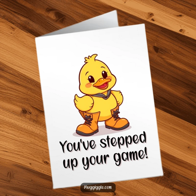 Funny Free Printable Congratulations Card showing a rubber duck humorously stuck in oversized boots, celebrating good news.
