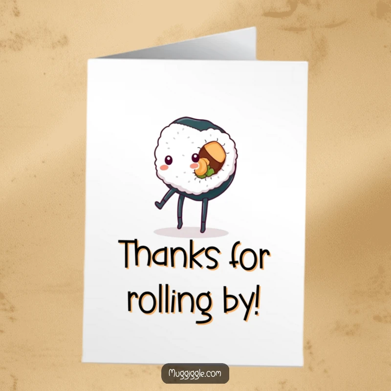 Funny Free Printable Thank You Card: A sushi roll mid-cartwheel expresses thanks with wobbly charm, perfect for a heartfelt, humorous message.