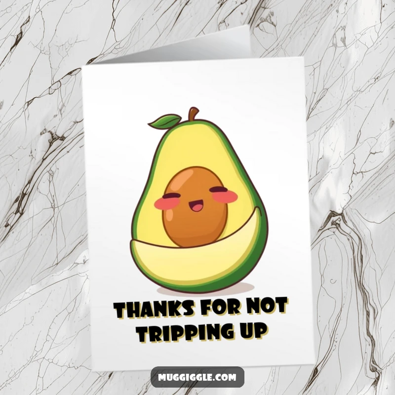 Funny Free Printable Thank You Card: Clumsy avocado hilariously losing its balance on its peel, cartoon style.