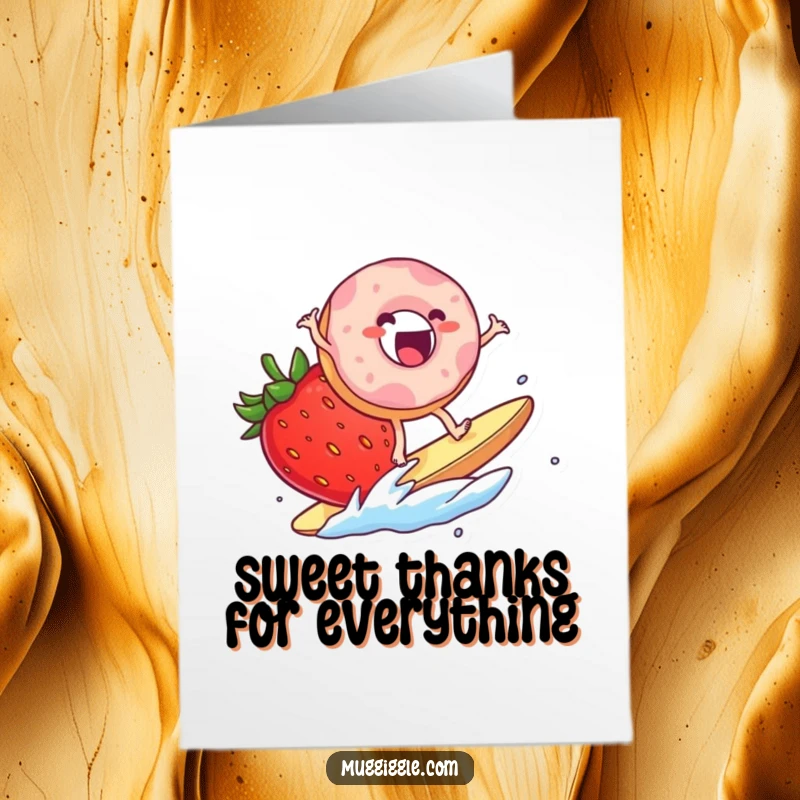 Funny Free Printable Thank You Card depicting a donut character surfing a giant strawberry slice, a unique thank you.
