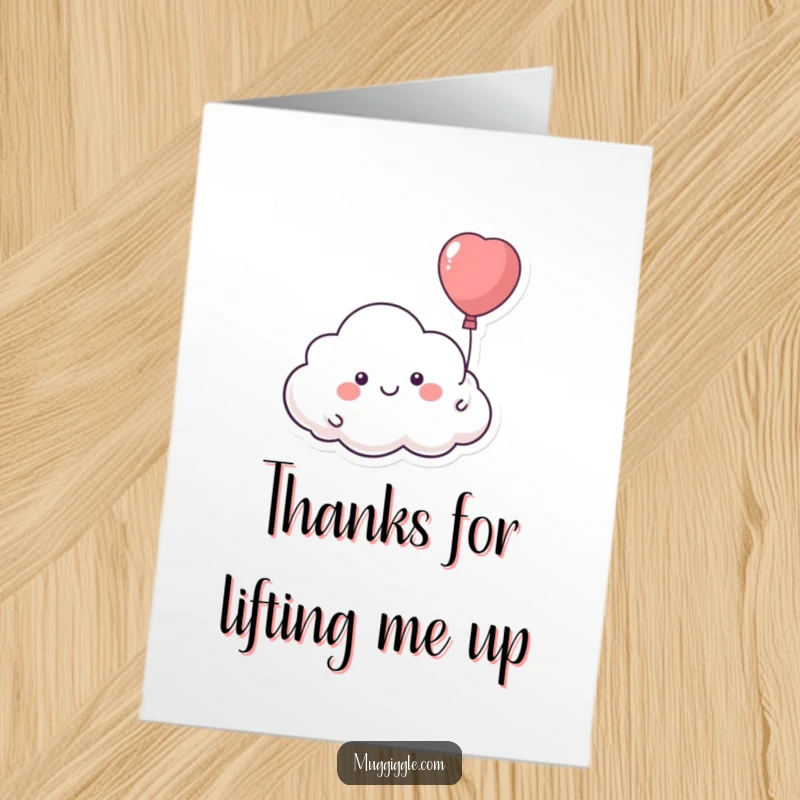 Funny Free Printable Thank You Card: smiling cloud floats with a balloon, expressing thanks with downloadable, humorous art.