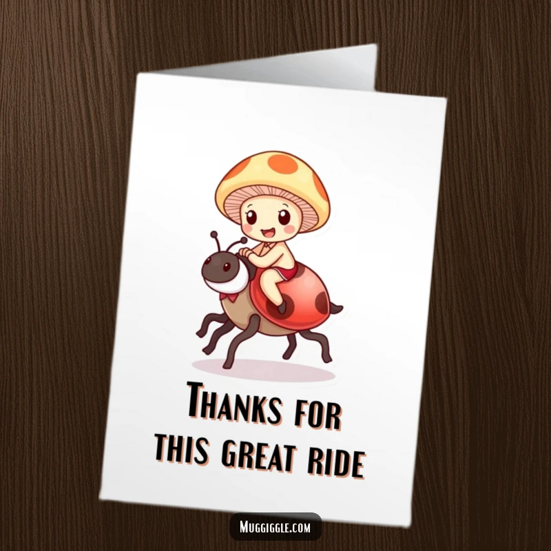 Funny Free Printable Thank You Card: Mushroom character happily riding a ladybug, whimsical illustration, showing delight.