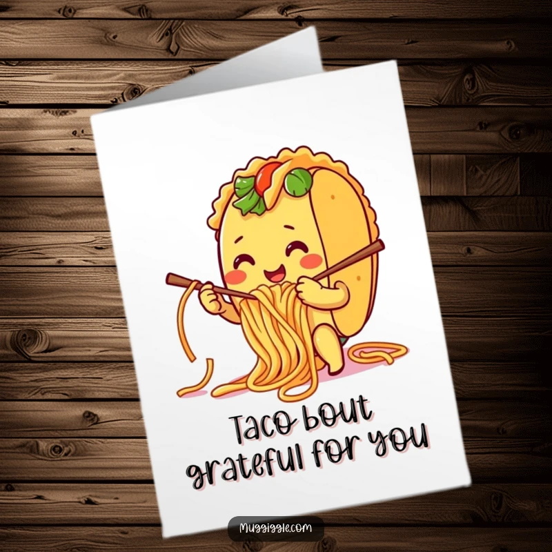 Funny Free Printable Thank You Card with a taco character hilariously attempting to knit using spaghetti noodles, a unique thank you.