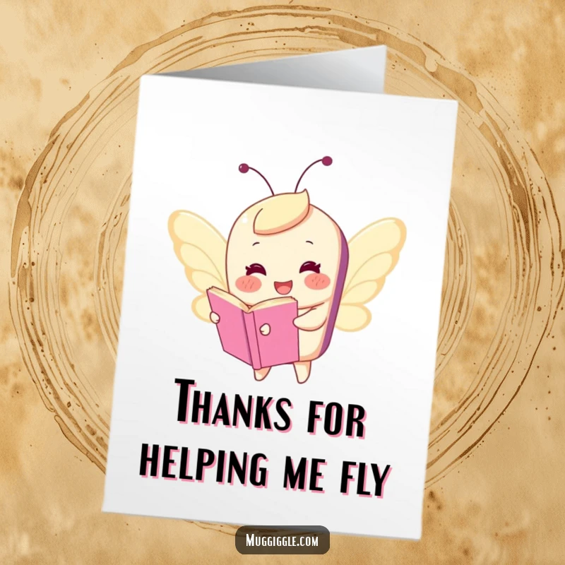 Funny Free Printable Thank You Card: Book character flying with tiny butterfly wings, expressing whimsical thanks, humorous downloadable art.