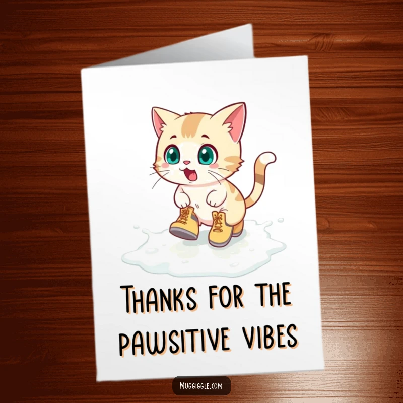 Funny Free Printable Thank You Card: A cat in boots slides on spilled milk, a comical expression of gratitude.
