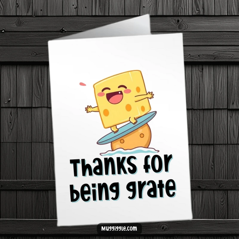 Funny Free Printable Thank You Card featuring a laughing cheese character attempting to surf on a cracker, a humorous way to say thanks.