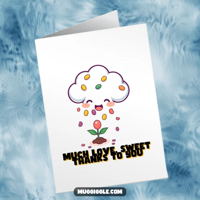 Funny Free Printable Thank You Card: A happy cloud raining jellybeans onto a small plant, expressing gratitude.
