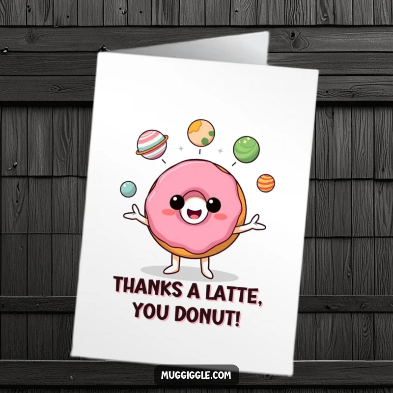 Funny Free Printable donut character juggling miniature planets, a delightful way to express thanks.