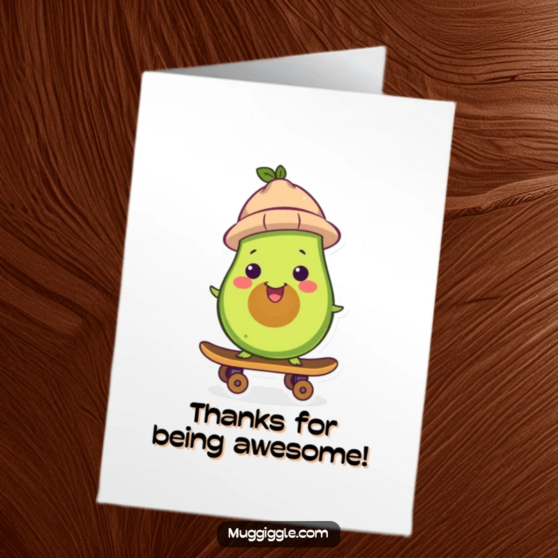 Funny Free Printable Thank You Card: A cool avocado on a skateboard delivers thanks with a grin, perfect for a chill and heartfelt message.