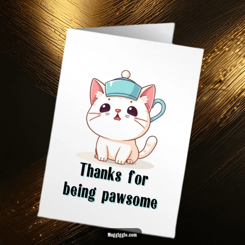 Funny Free Printable Thank You Card: a surprised cat wearing a teacup hat, expressing thanks with downloadable, humorous art.