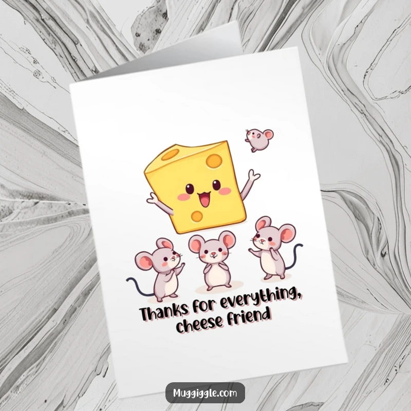 Funny Free Printable Thank You Card with a surprised cheese slice character juggling tiny mice, offering a comical expression of thanks.