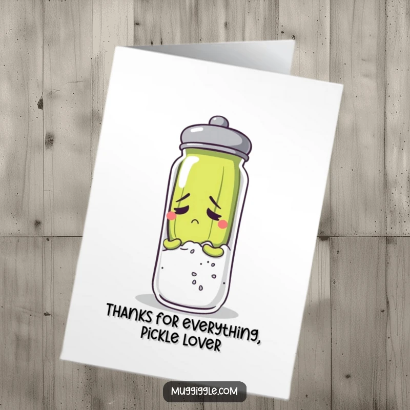 Funny Free Printable anxious pickle character peeking from behind a salt shaker, ideal for a thank you card.