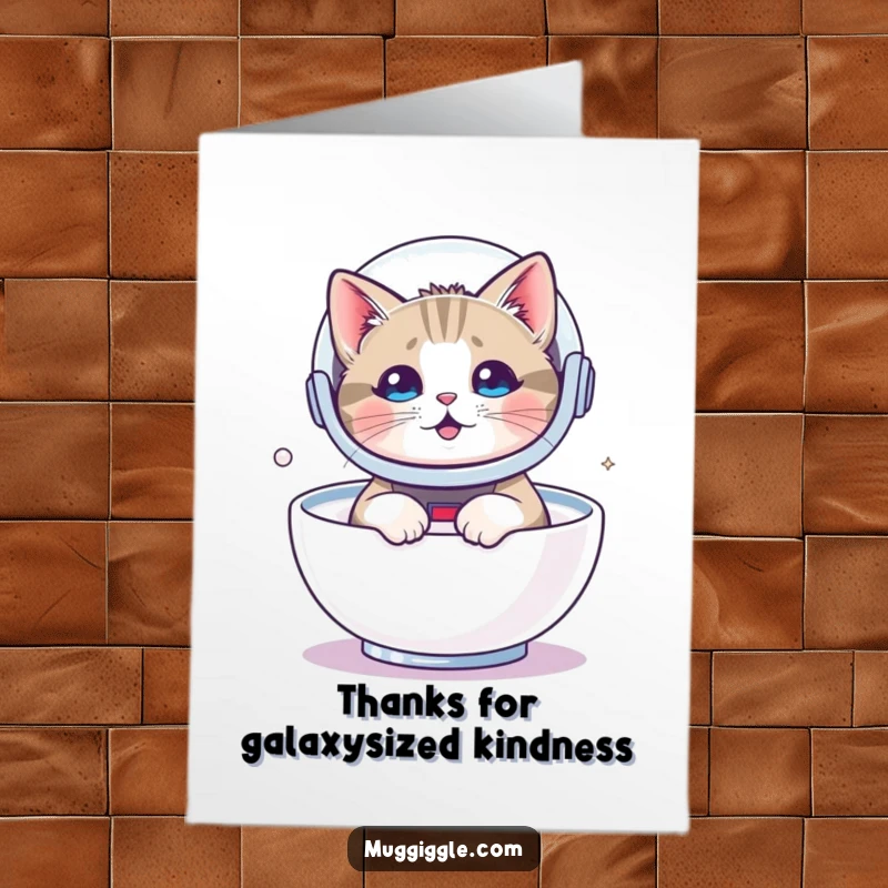 Funny Free Printable thank you card of a cat in an astronaut helmet floating in milk, a whimsical expression of thanks.