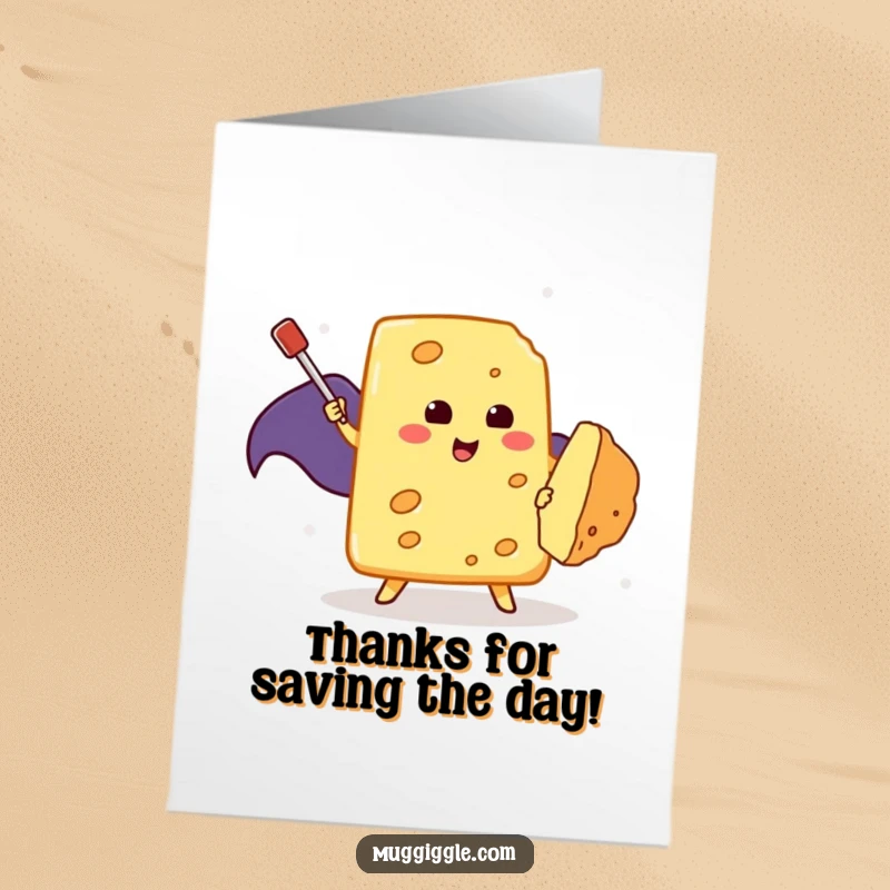 Funny Free Printable Thank You Card: A brave, caped cheese gives a grateful nod after defeating a crumb menace with a toothpick.