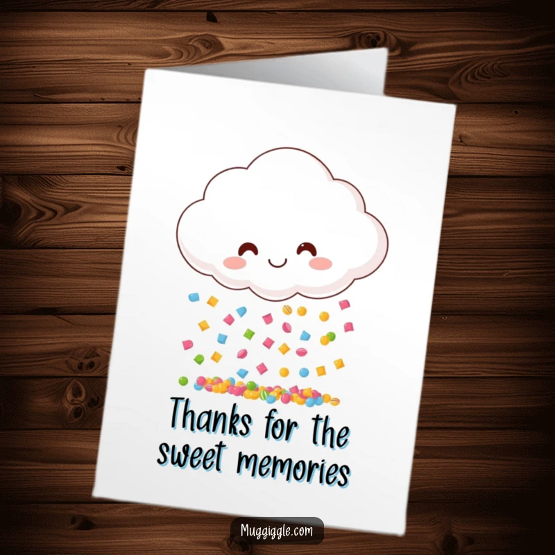 Funny Free Printable thank you card of a smiling cloud raining tiny, multicolored candy, a delightful expression of gratitude.