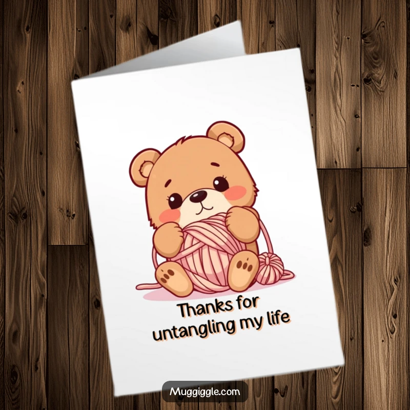 Funny Free Printable Thank You Card: A confused bear character stuck in a massive ball of yarn, sending thanks.