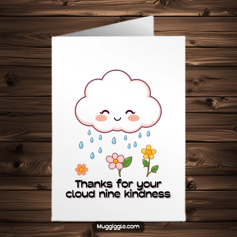 Free Printable Thank You Card: A playful cloud rains happy drops on a flower, symbolizing blooming gratitude.