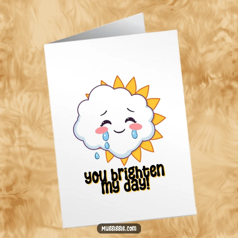 Funny Free Printable Thank You Card: A cloud crying happy tears onto a smiling sun, expressing deep gratitude.