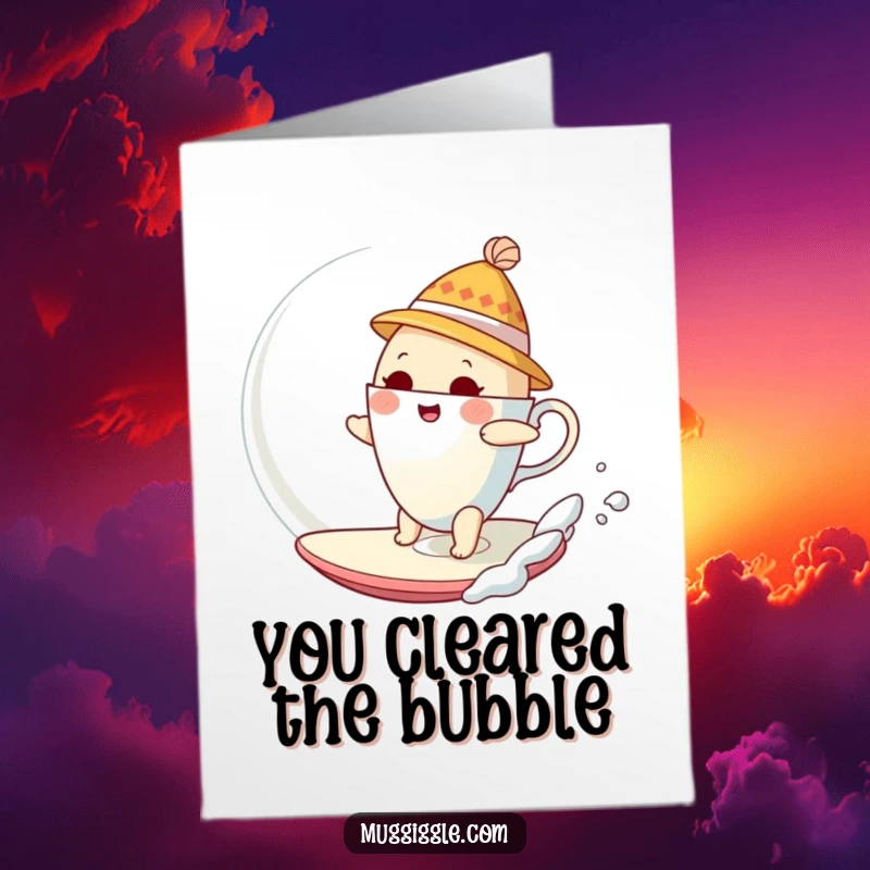 Funny Free Printable Thank You Card, teacup in a tiny hat surfing a giant bubble, whimsical thank you message.