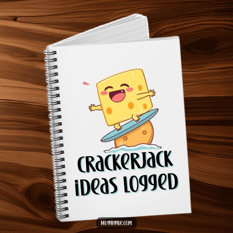 Funny notebook with a laughing cheese character attempting to surf on a cracker, ideal for jotting down food ideas.