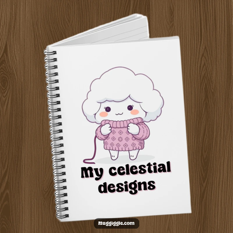 Funny Notebook with a fluffy cloud knitting a sweater for a tiny planet, ideal for journaling eco-friendly ideas with humor.