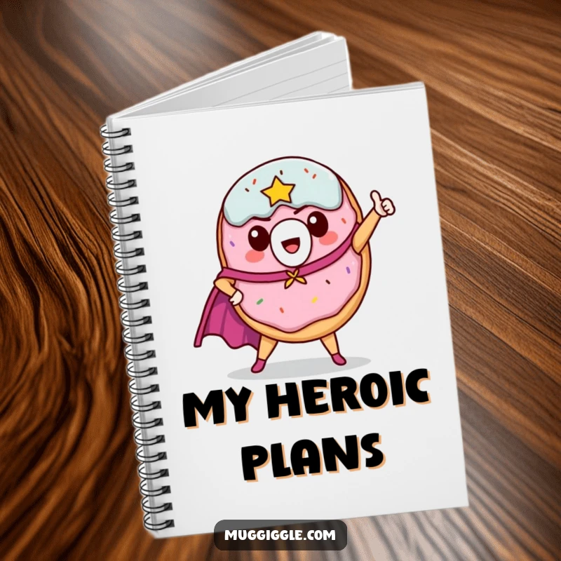 Funny donut hero notebook, open pages, with a cape, ready to capture heroic thoughts.