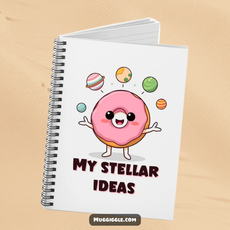 Funny donut character juggling planets on a notebook cover, inspiring creativity and laughter.