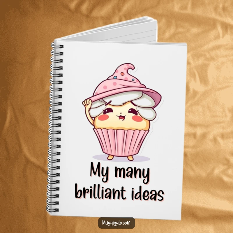 Funny notebook with a flustered cupcake character hilariously juggling and wearing too many hats.
