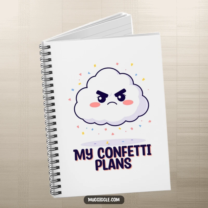 Funny grumpy cloud notebook, raining confetti on the cover, ideal for jotting down cheerful thoughts and colorful ideas.