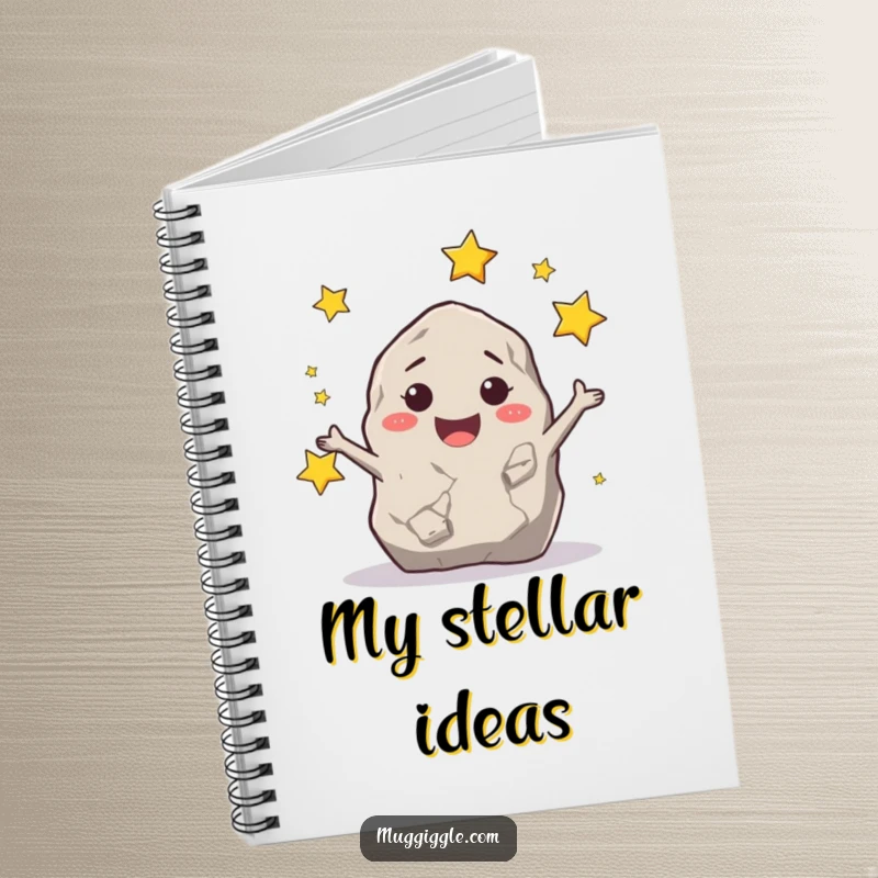 Funny happy rock character juggling tiny stars, featured on a notebook for humorous note-taking.