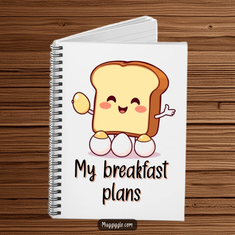 Funny notebook featuring a toast character juggling eggs, ideal for jotting down notes and ideas with a humorous breakfast theme.