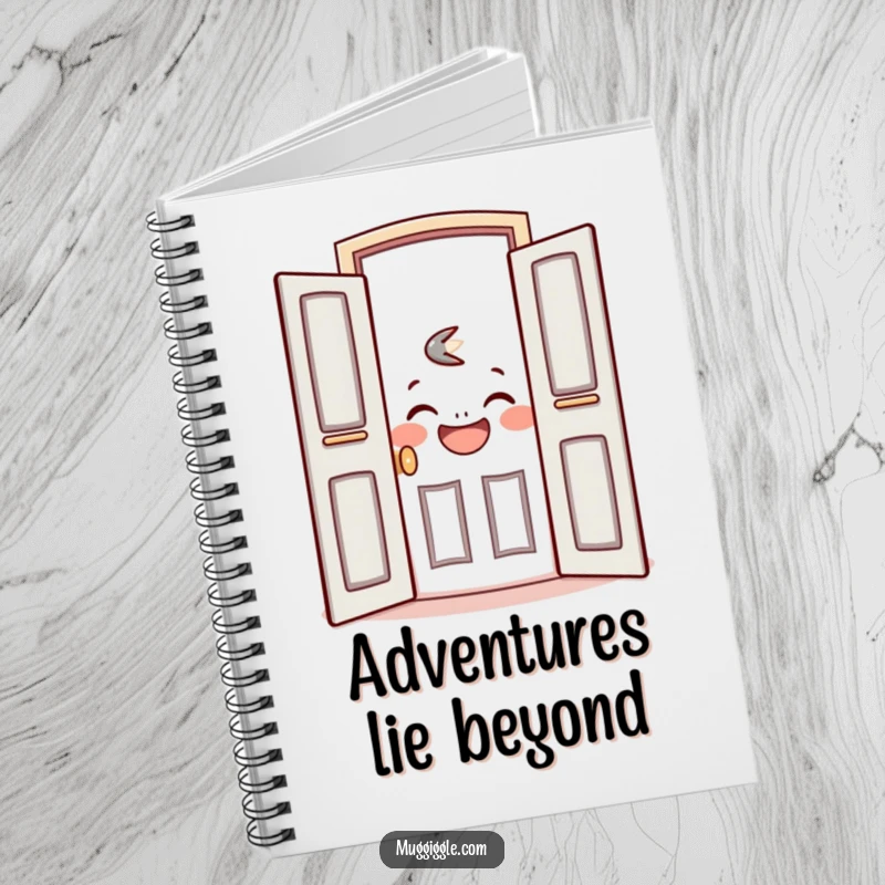 Funny notebook cover with a friendly door character opening to reveal a laughing face, encouraging open thoughts.