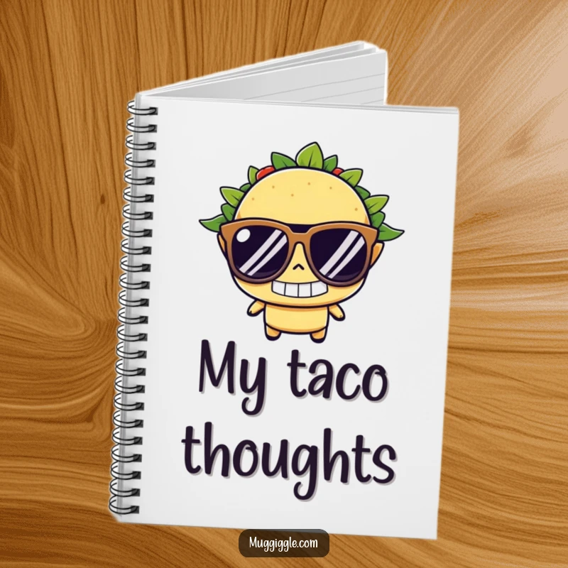 Funny taco notebook, wearing oversized sunglasses with a determined grin, ideal for jotting down cool ideas and delicious thoughts.