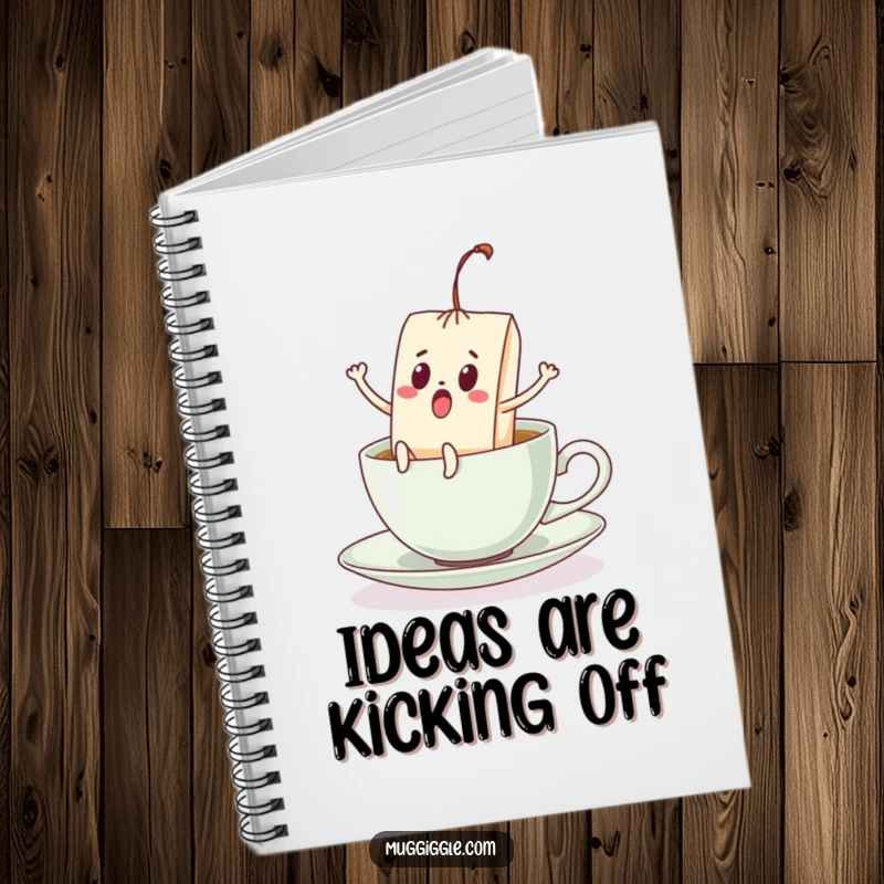 Funny notebook cover showing a panicked teabag with legs kicking, fleeing from a teacup, a humorous stationery item.