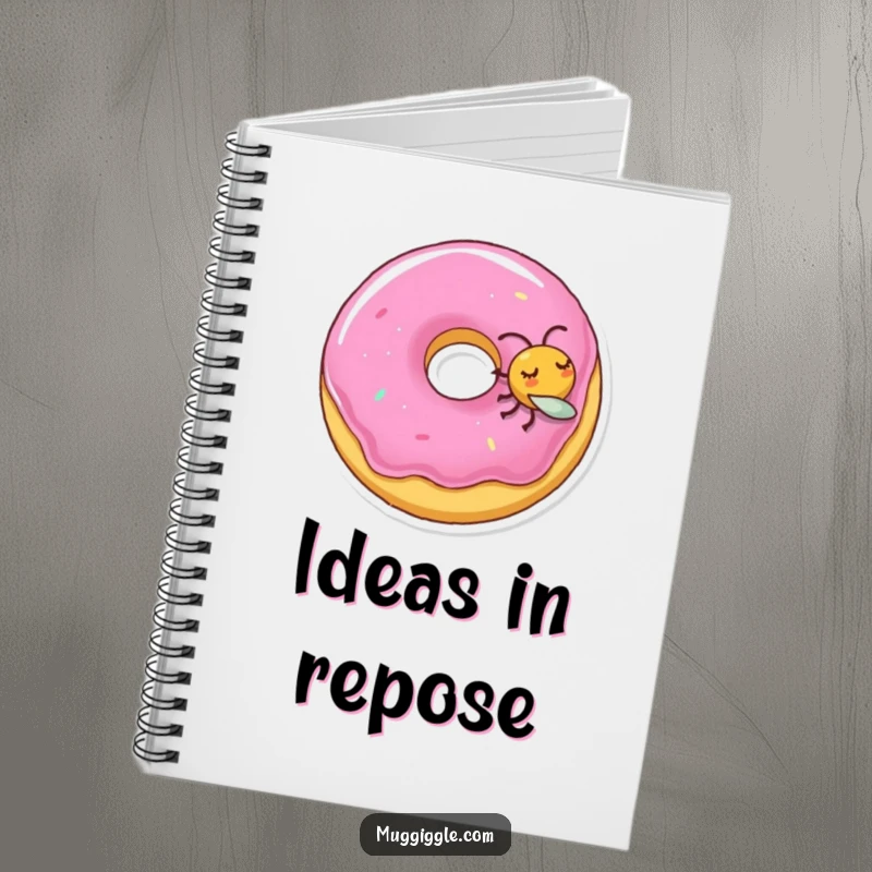 Funny notebook cover with a sleeping donut character being nudged by a playful fly, inspiring sweet thoughts.