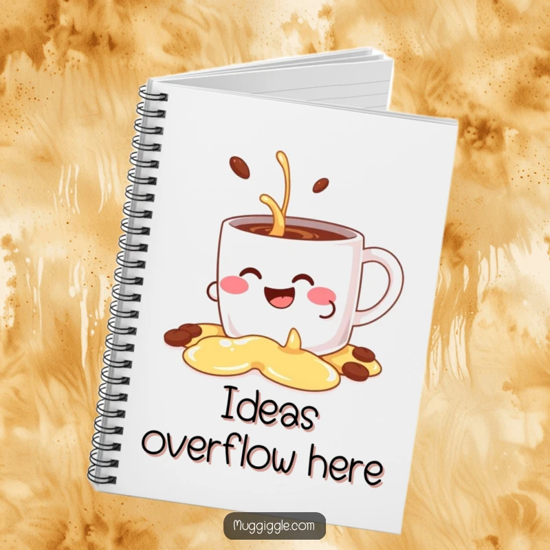 Funny notebook with a giggling coffee mug character comically spilling its contents decoratively, perfect for jotting down humorous thoughts.
