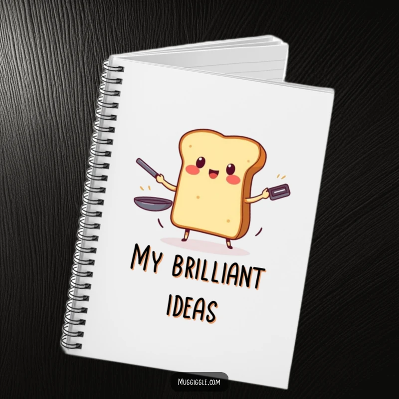 Funny notebook cover featuring a brave piece of toast juggling three frying pans, inspiring creative writing and note-taking.
